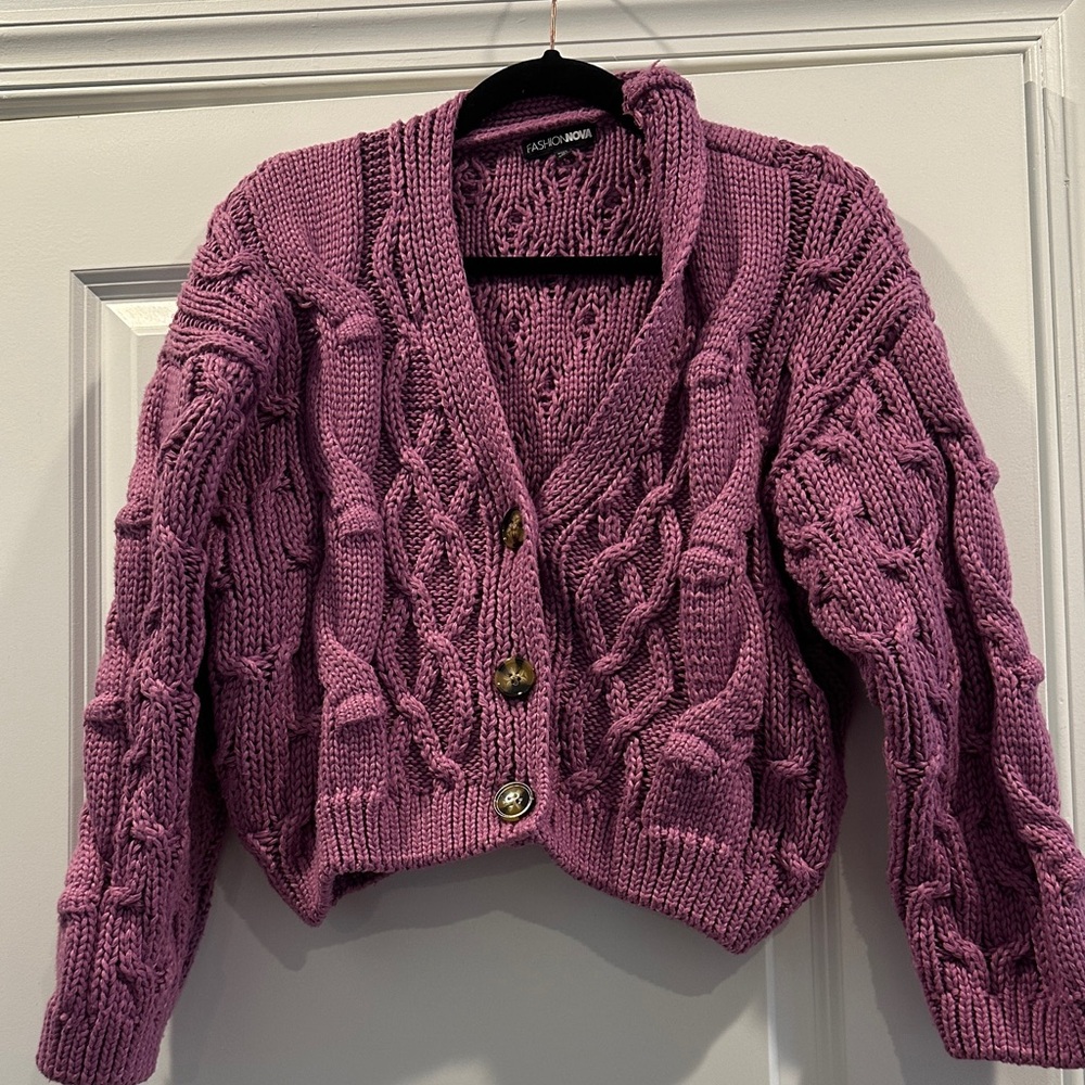 Fashion Nova Cable Knit Cardigan in Purple, Size L